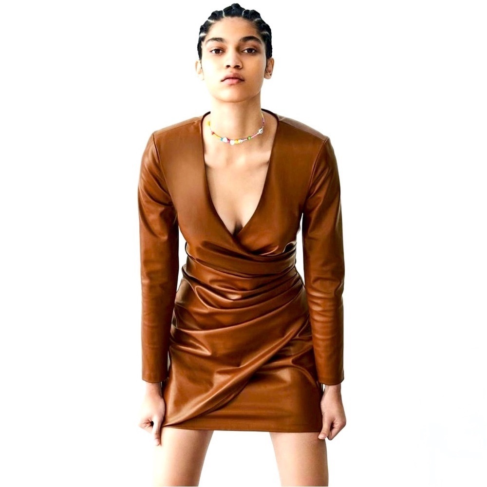 Zara Faux Leather Surplice Brown Long Sleeve Mini Dress Size S